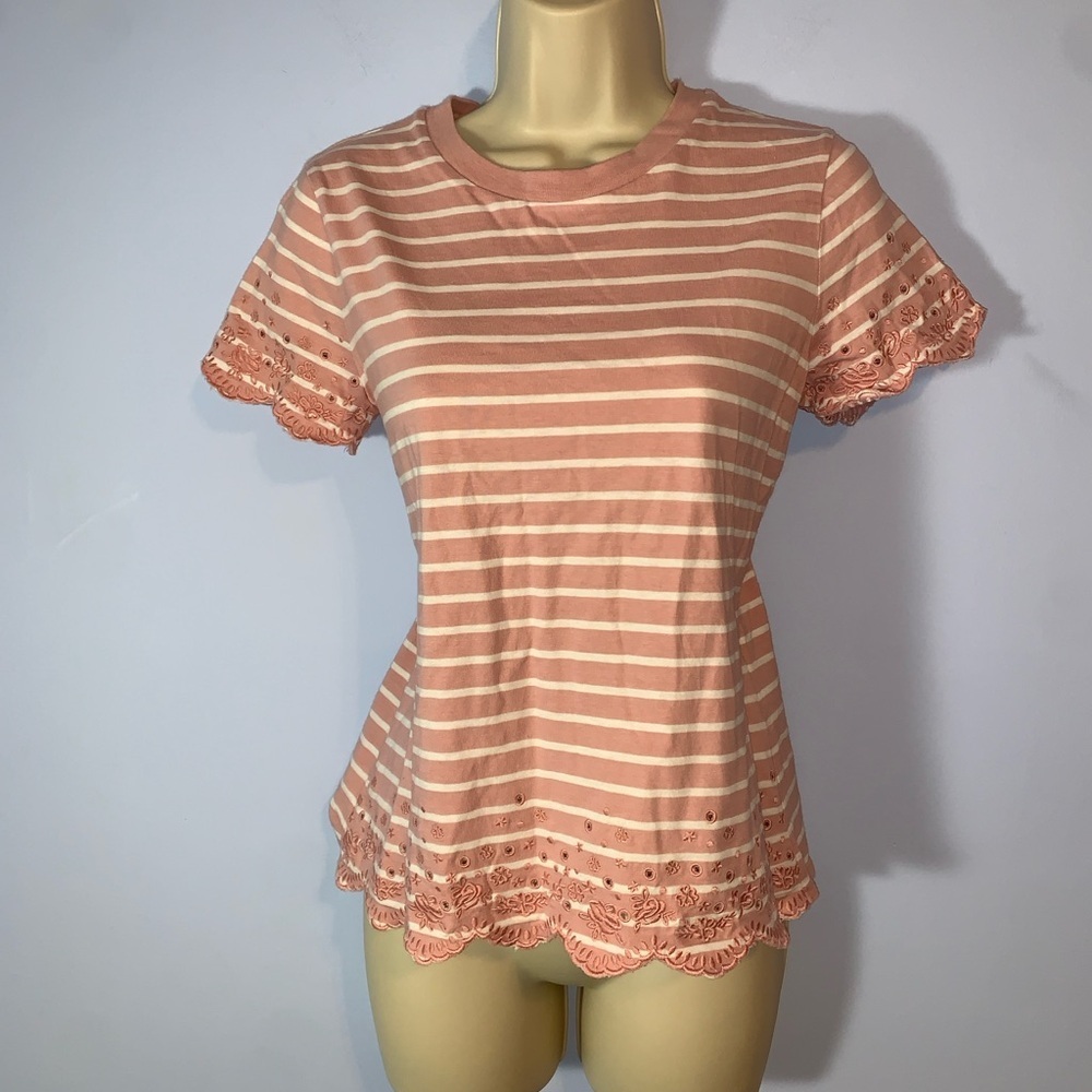 Superdry embroidered eyelet scalloped trim hem Pink white Striped tshirt size 6